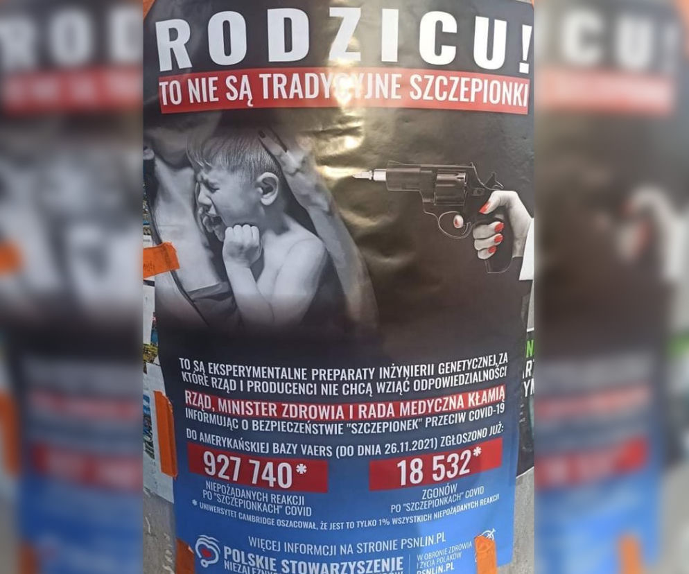 Szokujący plakat w Siemianowicach Śląskich. Pistolet przy skroni dziecko i hasło antyszczepionkowców!
