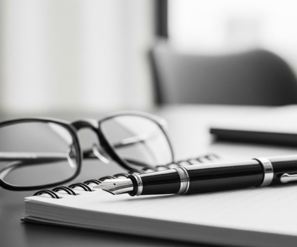 Na biurku leży otwarty notatnik z białą, liniowaną kartką, na której spoczywa czarne wieczne pióro ze srebrną stalówką i elementami dekoracyjnymi. Obok pióra, na lewo, widoczne są czarne okulary korekcyjne o grubych oprawkach, z przezroczystymi szkłami. Tło jest rozmyte i jasne, sugerując pomieszczenie z oknem, a kolory obrazu są utrzymane w odcieniach czerni, bieli i szarości.