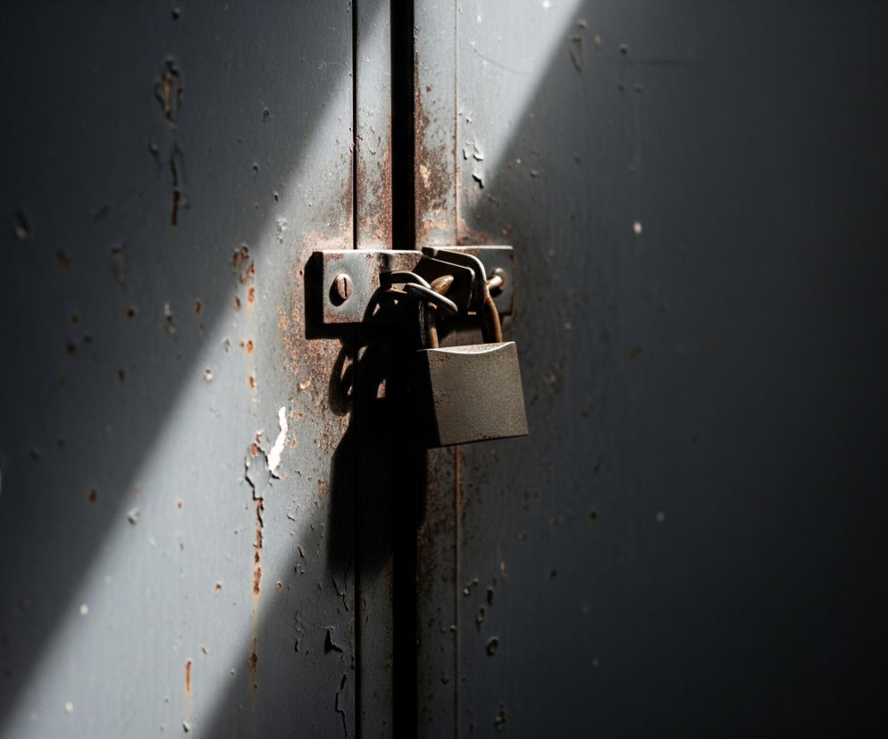 Kadr przedstawia zbliżenie na zardzewiałe, metalowe drzwi w ciemnym kolorze. Na środku widoczna jest stara, prostokątna kłódka, wisząca na zasuwce przymocowanej do drzwi. Światło pada z lewej strony u góry, tworząc skośny pas jasności, który przecina kłódkę i powierzchnię drzwi, a reszta kadru pozostaje w cieniu. Powierzchnia drzwi jest nierówna, z licznymi odpryskami farby i rdzawe plamy.