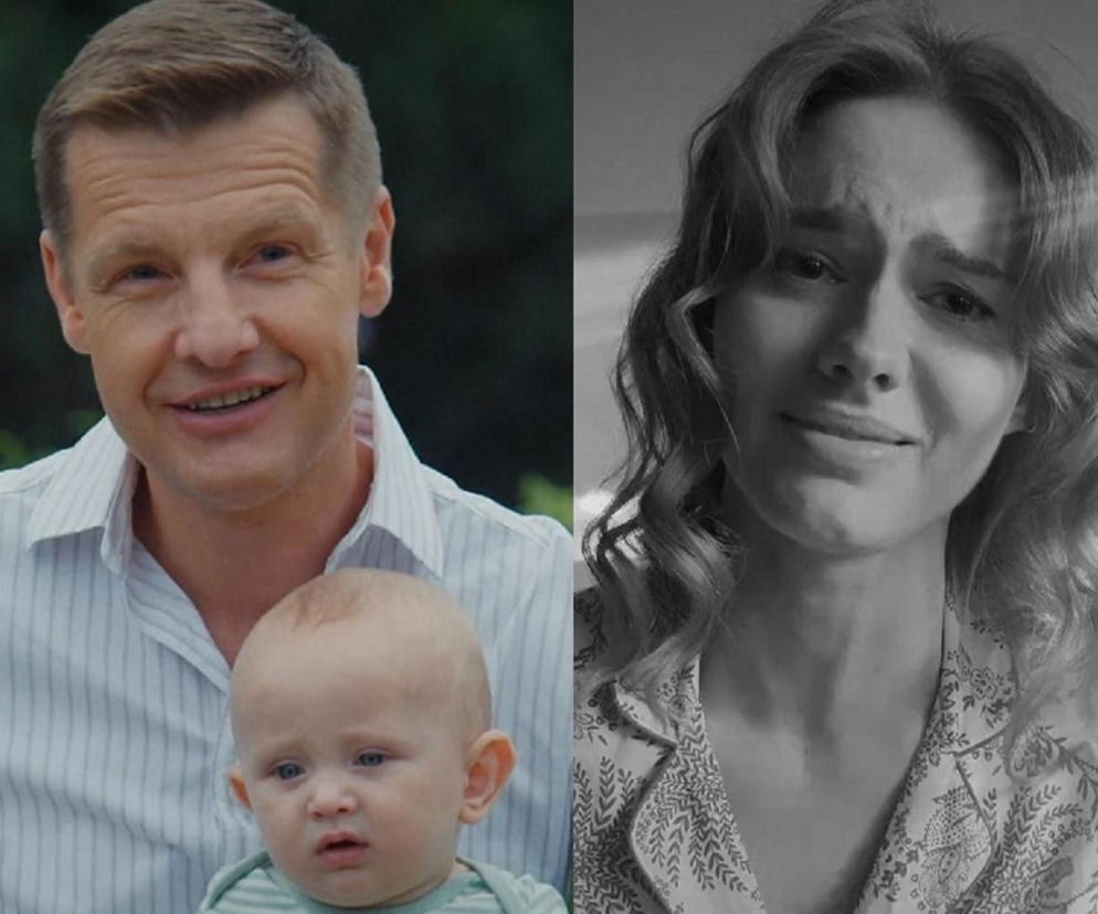 Rafał Mroczek jako Paweł Zduński z uśmiechem trzyma na rękach dziecko, natomiast na czarno-białym tle widać zapłakaną Dominikę Kachlik grającą Frankę. Sceny z serialu M jak miłość dostępne na portalu Super Seriale, gdzie przeczytasz o ich relacji i losach Pawła.