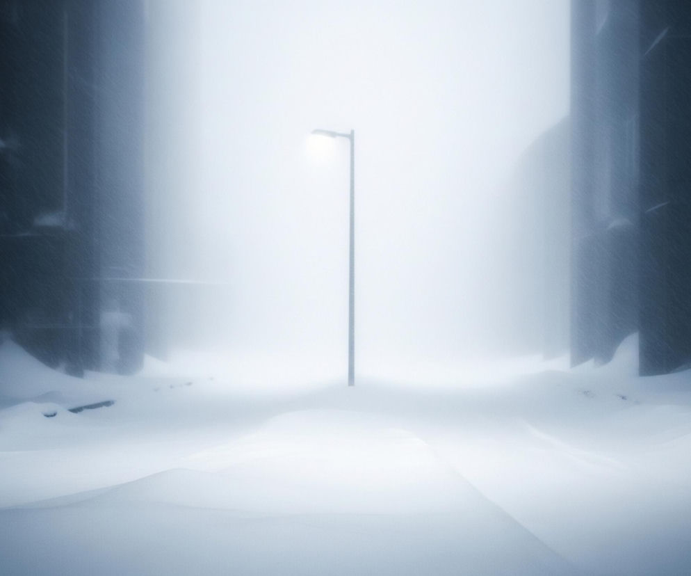 Zimowa scena uliczna, dominuje głęboki śnieg i intensywne zamglenie, które rozmywa tło. Na pierwszym planie widoczna jest szeroka, zaśnieżona powierzchnia, prawdopodobnie ulica lub plac, z delikatnymi zarysami ścieżek lub zaspy. W centralnej części obrazu, na tle jasnej mgły, stoi pojedyncza, ciemna latarnia uliczna z jasno świecącym światłem, które rozprasza się w gęstym powietrzu. Po obu stronach latarni, na dalszym planie, majaczą ciemne, niewyraźne kształty budynków, których detale są całkowicie zasłonięte przez mgłę i opady. Cały obraz utrzymany jest w odcieniach bieli, szarości i błękitu, co potęguje wrażenie zimnej, spokojnej i nieco tajemniczej atmosfery.