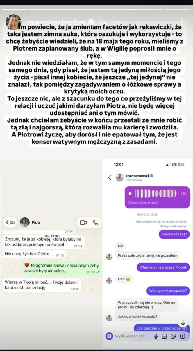 Schreiber pokazała, co Korczarowski miał wysyłać do innej kobiety