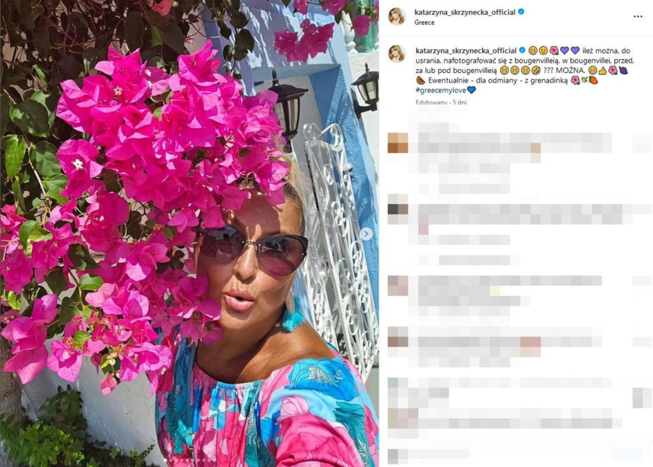 Zdjęcie Skrzyneckiej wśród kwiatów robi wrażenie