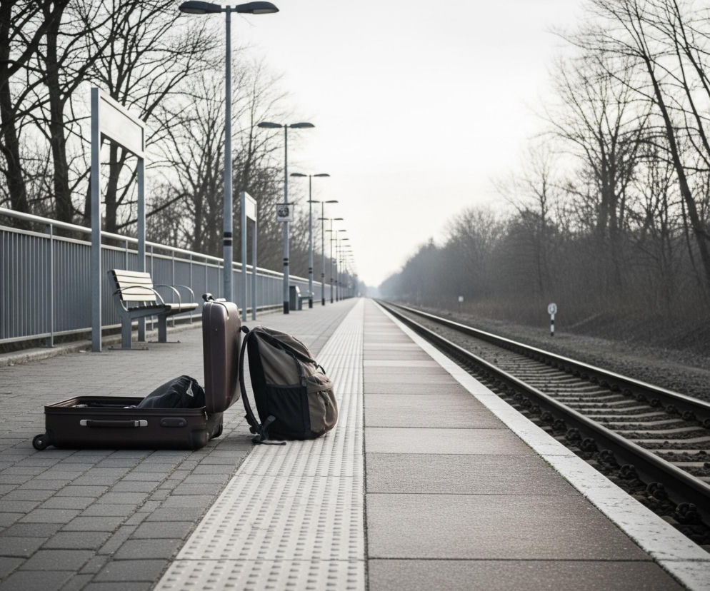Na brukowanym peronie dworcowym stoi otwarta brązowa walizka podróżna, z której wystaje czarna torba, oraz beżowy plecak. Obiekty znajdują się na pierwszym planie, obok białej, fakturowanej linii prowadzącej wzdłuż peronu, który ciągnie się w dal po prawej stronie. Po lewej stronie peronu widoczne są metalowe barierki, puste ławki i słupy oświetleniowe, rozmieszczone w równych odstępach. Po prawej stronie peronu biegną tory kolejowe, z widocznymi podkładami i kamieniami, które również rozciągają się w głąb obrazu. Tło wypełniają nagie drzewa, tworzące gęsty, ciemny las po obu stronach torów, a nad nimi rozpościera się jasne, zamglone niebo.
