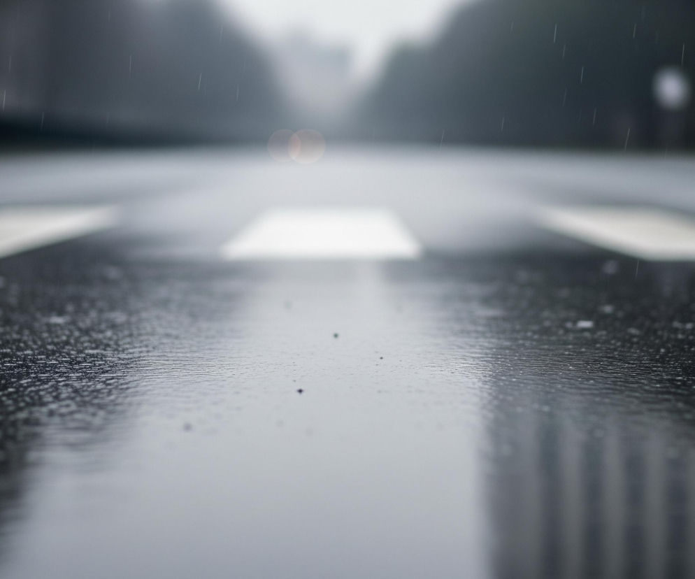 Mokry asfaltowy pas drogi z białymi pasami przejścia dla pieszych biegnie przez środek kadru, widoczny z bardzo niskiej perspektywy. Powierzchnia jezdni jest pokryta licznymi kroplami wody, odbijającymi szare i ciemniejsze barwy otoczenia, z lekkimi refleksami światła. W tle, rozmyte kontury drzew lub budynków tworzą ciemnoszary, niewyraźny pejzaż, a w oddali widać dwie pomarańczowe, rozmyte plamy światła. Na całej powierzchni zdjęcia, szczególnie w górnej części, widoczne są pojedyncze, cienkie linie spadającego deszczu.