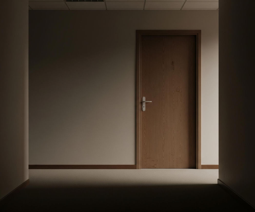 Wąski korytarz z beżowymi ścianami prowadzi do brązowych drzwi, umieszczonych centralnie na końcu. Klamka drzwi, w kolorze srebrnym, odbija światło, będące głównym źródłem oświetlenia tego obszaru. Górna część korytarza jest ciemniejsza, ujawniając jasny sufit z widocznymi kratkami wentylacyjnymi, podczas gdy dolna część jest skryta w głębokim cieniu. Drewniana listwa przypodłogowa biegnie wzdłuż beżowych ścian, oddzielając je od wykładziny o teksturowanej, jasnobeżowej powierzchni.