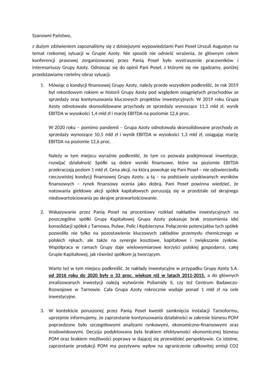 Oświadczenie Grupy Azoty 