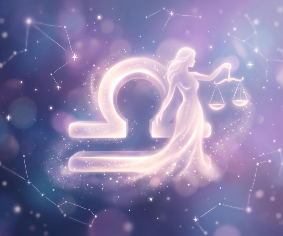 Świecący symbol zodiakalnej Wagi i postać kobiety z wagą na tle gwiazd. Horoskop dla Wagi sprawdzisz w Eska.