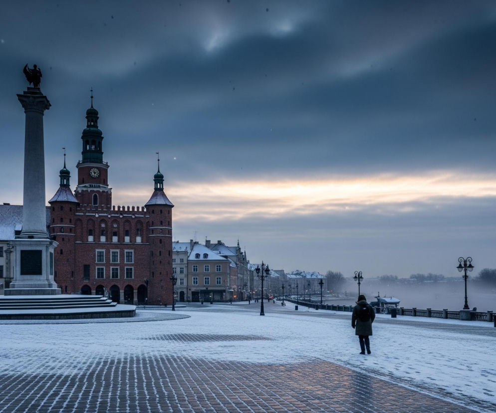 Zasypana śniegiem szeroka przestrzeń miejska rozciąga się pod zachmurzonym, szaroniebieskim niebem, z jaśniejszym, pomarańczowo-białym pasmem u horyzontu. W centrum kadru po lewej stronie dominuje kolumna z ciemną rzeźbą na szczycie, stojąca na wielostopniowym cokole, za którą widać duży, ceglany budynek z wieżami, z których jedna posiada zegar. Na prawo od kolumny widoczna jest postać idącego człowieka w ciemnym płaszczu i plecakiem, poruszającego się w kierunku zamglonego, zasłoniętego przez mgłę lub dym, zbiornika wodnego, wzdłuż pokrytego śniegiem chodnika i balustrady. Z lewej strony do prawej, w tle widoczne są również inne budynki i latarnie uliczne, niektóre z nich z ośnieżonymi dachami.