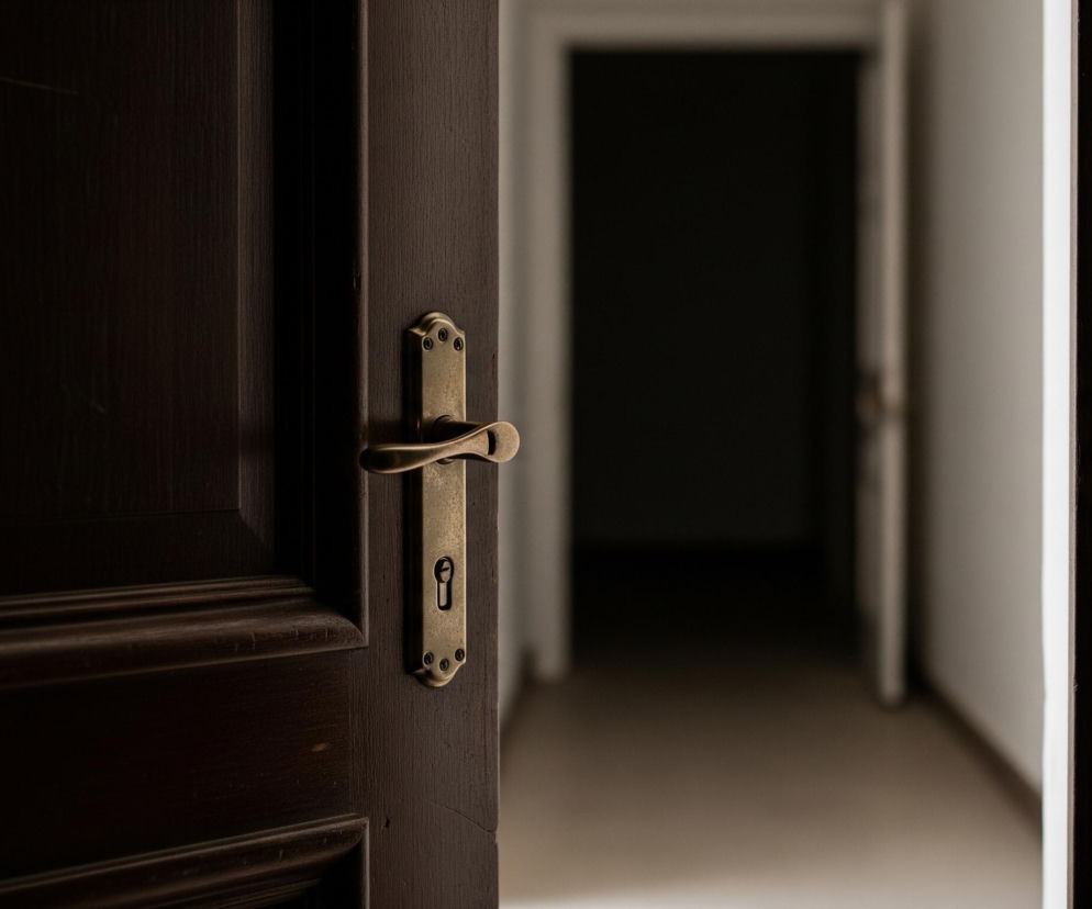 Otworzone ciemnobrązowe drewniane drzwi z mosiężną klamką wypełniają lewą stronę kadru, z widocznym wyraźnym rysunkiem słojów drewna. Klamka i szyld zamka są w kolorze starego złota, z widoczną wkładką na klucz oraz trzema ozdobnymi śrubkami mocującymi. Za drzwiami rozciąga się długi, słabo oświetlony korytarz z ciemniejszymi ścianami i jaśniejszą podłogą, zakończony kolejnym otwartym wejściem w głębi, które wydaje się prowadzić do jeszcze ciemniejszego pomieszczenia.