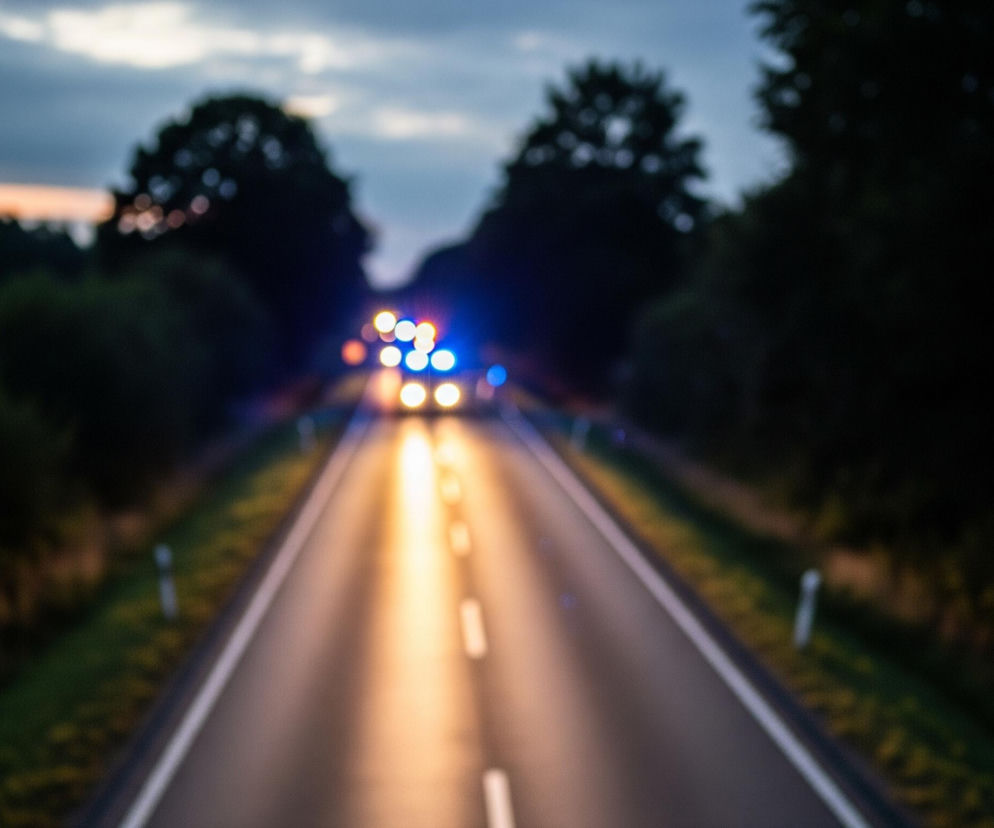 Droga asfaltowa rozciąga się w głąb kadru, tworząc perspektywę zbieżną. Na niej widoczne są rozmyte światła samochodów, głównie żółte i pomarańczowe z przodu, oraz kilka niebieskich świateł sygnalizacyjnych na drugim planie. Po obu stronach drogi rosną drzewa i krzewy, a nad nimi rozciąga się niebo, ukazujące odcienie szarości i lekkie pomarańczowe zabarwienie przy horyzoncie. Białe linie na asfalcie i przydrożne słupki z odblaskami są niewyraźne, podobnie jak reszta tła, co tworzy efekt bokeh.