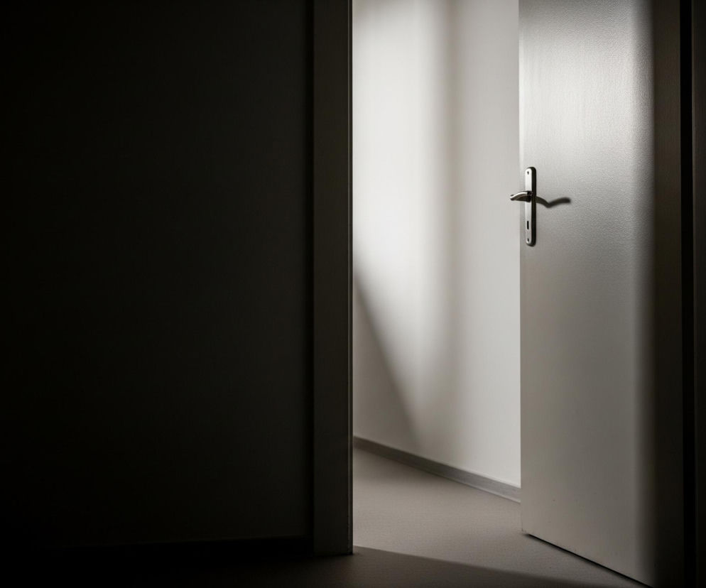 Drzwi w kolorze jasnoszarym są uchylone, z wyraźnym srebrnym uchwytem na klamce, rzucającym cień na ich powierzchnię. Przejście przez drzwi odsłania wnętrze oświetlonego pomieszczenia z jasnymi ścianami i podłogą, podczas gdy lewa strona kadru pozostaje w głębokim cieniu. Światło padające z niewidzialnego źródła tworzy długie, ukośne cienie na przeciwległej ścianie i podłodze w otwartej przestrzeni.