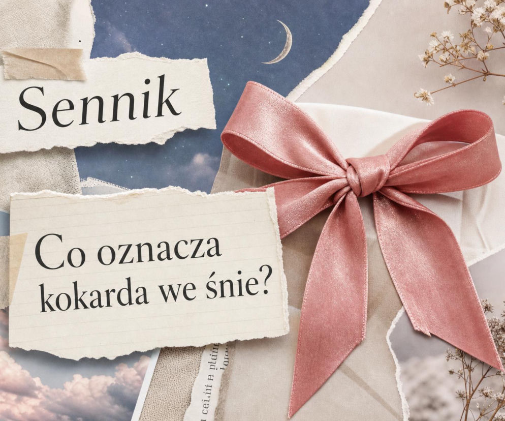 Różowa kokarda na ozdobnym kolażu z napisem sennik. O znaczeniu snów przeczytasz na SE.