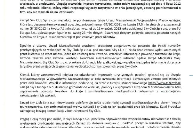 SKY CLUB i TRIADA OGŁASZAJĄ UPADŁOSĆ: oświadczenie zarządu biura