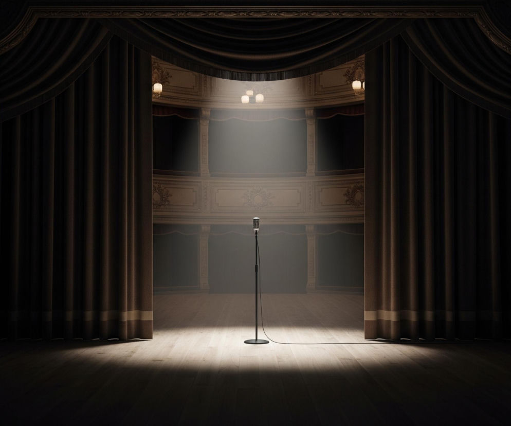 Centralnie na scenie stoi srebrny, klasyczny mikrofon na czarnym statywie, oświetlony pojedynczym, jasnym snopem światła padającym z góry. Scena, wykonana z jasnego drewna, jest w dużej mierze zaciemniona, z wyjątkiem miejsca pod mikrofonem, gdzie światło tworzy wyraźny krąg. Po obu stronach sceny wiszą ciężkie, ciemnobrązowe aksamitne kurtyny, rozchylone na boki. W tle widoczne są balkony teatru z bogato zdobionymi, jasnobrązowymi balustradami i subtelnymi wzorami, również w większości pogrążone w półmroku, z widocznymi kilkoma jasnymi lampami wiszącymi na ścianach.