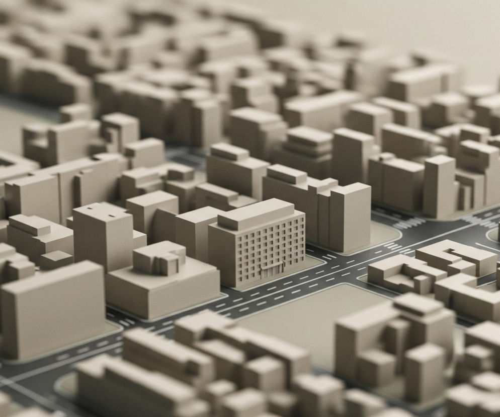 Na zdjęciu widoczna jest makieta miasta z perspektywy lotu ptaka. Setki beżowych budynków o prostej, geometrycznej formie, przeważnie prostokątnych prostopadłościanów, wypełniają gęsto obszar, rozdzielone ciemnymi ulicami z białymi liniami. Jeden z budynków w centralnej części kadru ma wyraźnie zaznaczone okna oraz wejście na parterze. Większość budynków na dalszym planie jest rozmyta, co nadaje wrażenie głębi i skupia uwagę na centralnej części makiety.