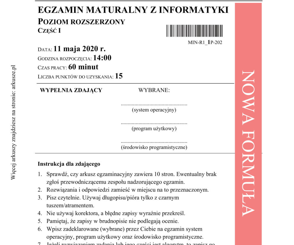 Matura 2020: Informatyka. Poziom ROZSZERZONY. ARKUSZ CKE
