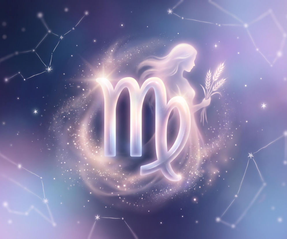 Świecący symbol zodiakalnej Panny na tle gwiezdnego nieba. O horoskopie dla tego znaku przeczytasz w serwisie Eska.