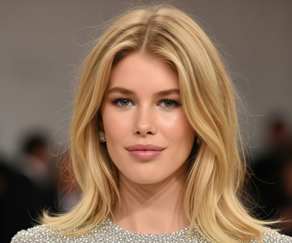 Kobieta o jasnych, blond włosach patrzy prosto w obiektyw, jej twarz zajmuje centralną część kadru. Ma zielone oczy, wyraźne brwi i delikatnie pomalowane różowe usta. Nosi błyszczące kolczyki i srebrzystą suknię wysadzaną drobnymi, odbijającymi światło elementami, widoczną w dolnej części obrazu. Tło jest rozmyte, utrzymane w ciemniejszych, szarobrązowych odcieniach.