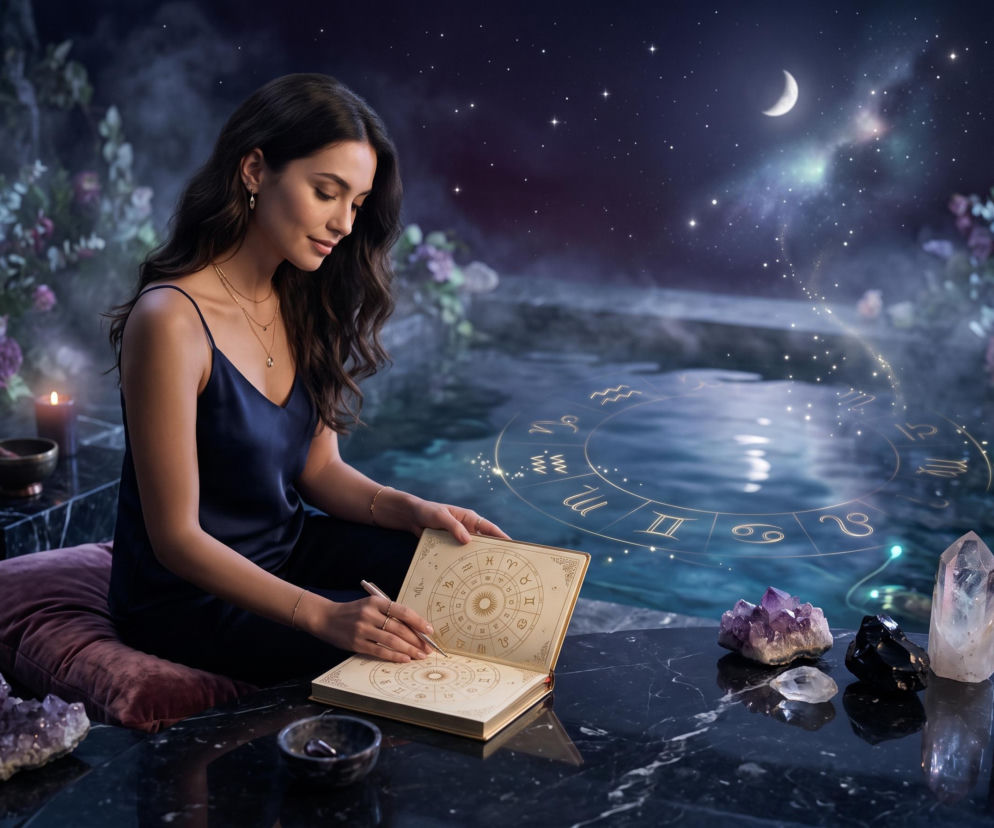Kobieta pisząca w dzienniku astrologicznym na tle nocnego nieba i wody. O horoskopie przeczytasz na Super Express.