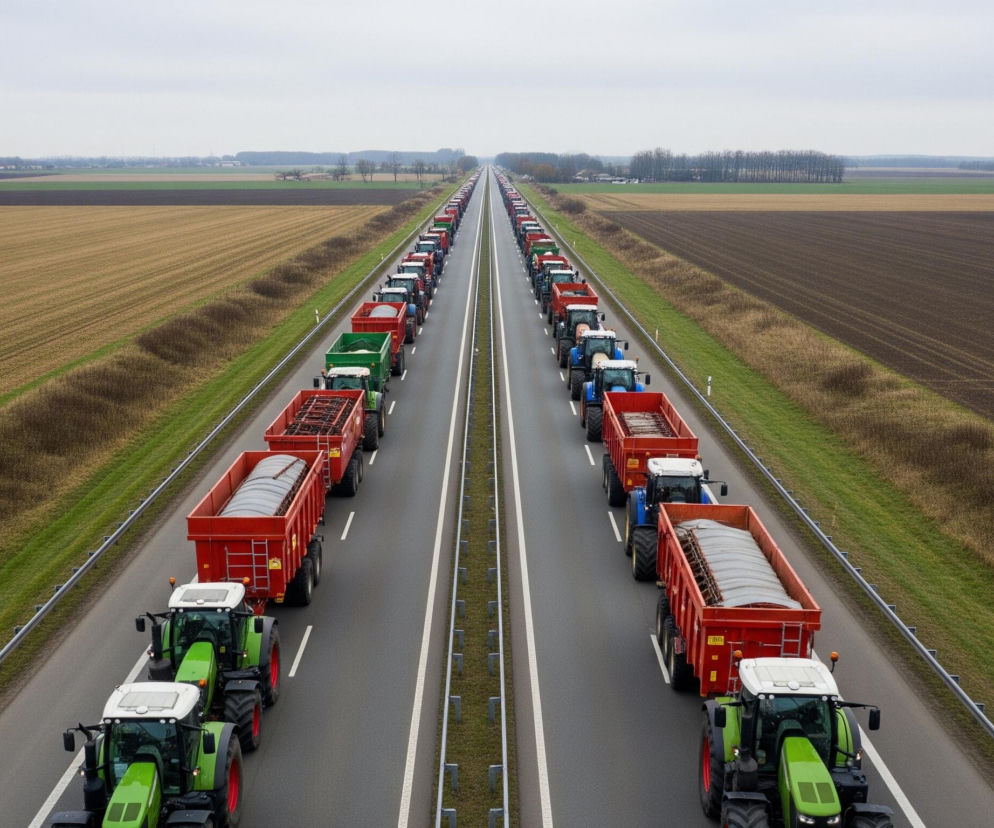 Długi konwój traktorów z przyczepami ciągnie się wzdłuż czteropasmowej autostrady, rozciągającej się od pierwszego planu aż po odległy horyzont. Pojazdy zajmują zewnętrzne pasy ruchu w obu kierunkach, tworząc dwie równoległe kolumny, a między pasami znajduje się zielony pas rozdzielający z barierą ochronną. Po obu stronach autostrady rozciągają się rozległe pola uprawne w różnych odcieniach brązu i beżu, a na dalszym planie widać lasy i zabudowania pod szarym, zachmurzonym niebem. Większość traktorów jest koloru zielonego lub niebieskiego, a przyczepy, głównie w kolorze czerwonym, przewożą ładunki przykryte plandekami lub siatkami.