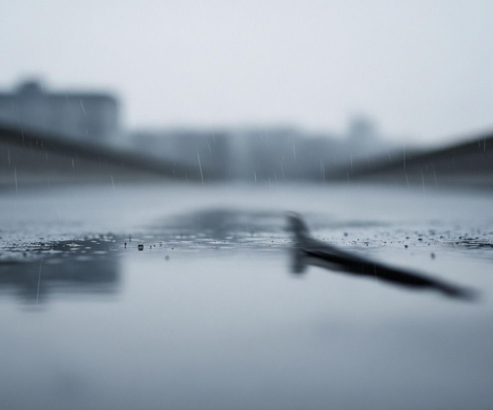 Głównym obiektem jest rozległa kałuża wody, zajmująca dolną połowę obrazu, której powierzchnia odbija blade, szare światło nieba. Na mokrej, szarej nawierzchni drogi, w górnej części kałuży, widoczne są liczne drobne krople deszczu i zmarszczki na wodzie, świadczące o trwającym opadzie. W tle, rozmyte i niewyraźne, rysują się kontury miejskich budynków i szarych konstrukcji, zlewające się z jasnym, zachmurzonym niebem. Całość obrazu utrzymana jest w chłodnej palecie szarości i błękitów, co podkreśla deszczową i ponurą atmosferę.