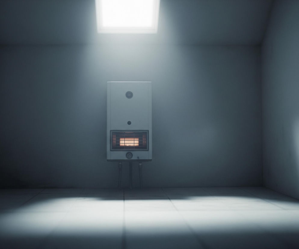 W centralnej części pomieszczenia, na środku szarej ściany, wisi biały prostokątny piecyk gazowy. W dolnej części piecyka widoczna jest prostokątna, podświetlona na pomarańczowo kratka, imitująca płomień. Od spodu piecyka biegną dwie ciemne rury w dół.

Pomieszczenie ma szare ściany i posadzkę pokrytą kwadratowymi płytkami. U góry, na środku sufitu, znajduje się jasne, prostokątne okno dachowe, z którego pada silne światło, tworząc smugę na podłodze. Reszta pomieszczenia pozostaje w półmroku, z wyraźnymi cieniami w rogach.