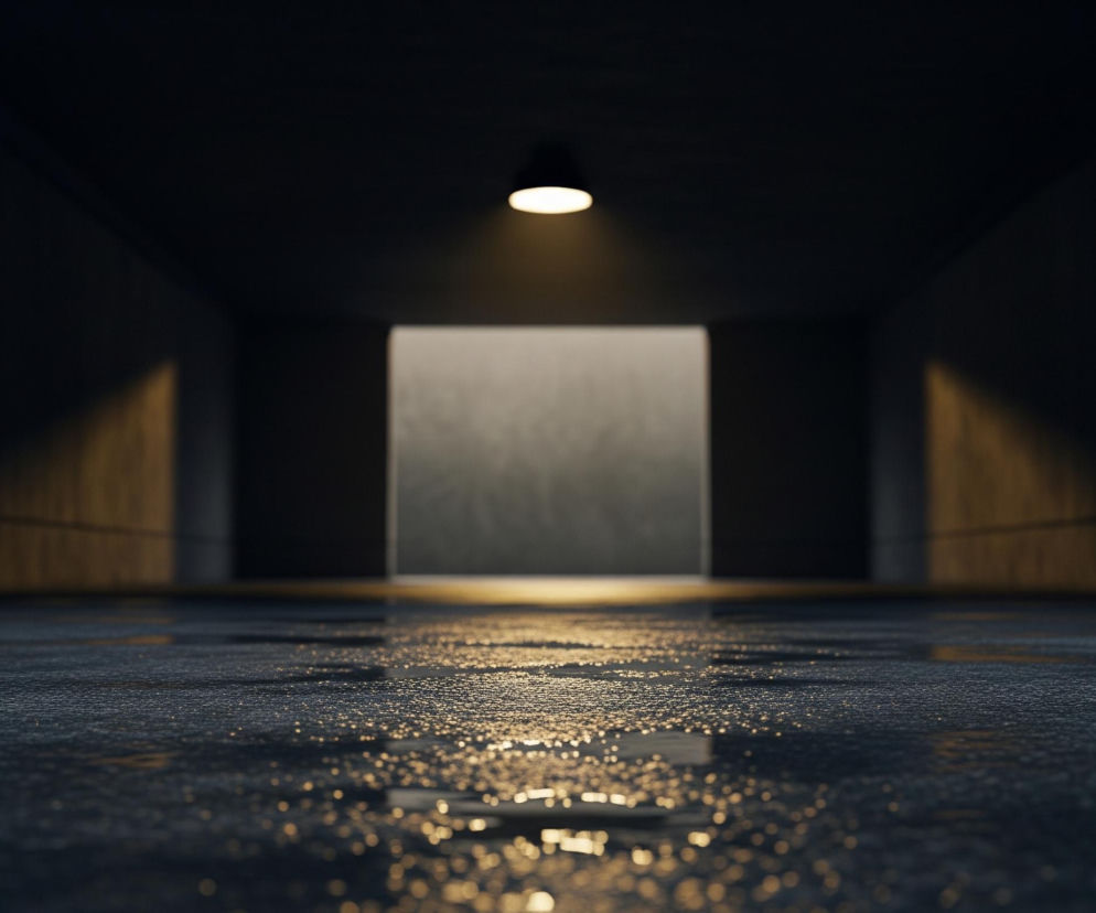 Ciemny, pusty tunel lub przejście, oświetlone pojedynczą lampą wiszącą na suficie w centrum górnej części kadru. Z lampy rozchodzi się ciepłe, żółte światło, tworząc stożek na podłodze, która jest mokra i pokryta drobnymi kroplami wody, odbijającymi jasne punkty światła. Ściany tunelu po bokach są ciemne, szare, z widocznym cieniem rzucanym przez światło lampy. W oddali, na końcu tunelu, widać jasne, prostokątne wyjście lub otwór, który również jest niewyraźny i rozmyty.