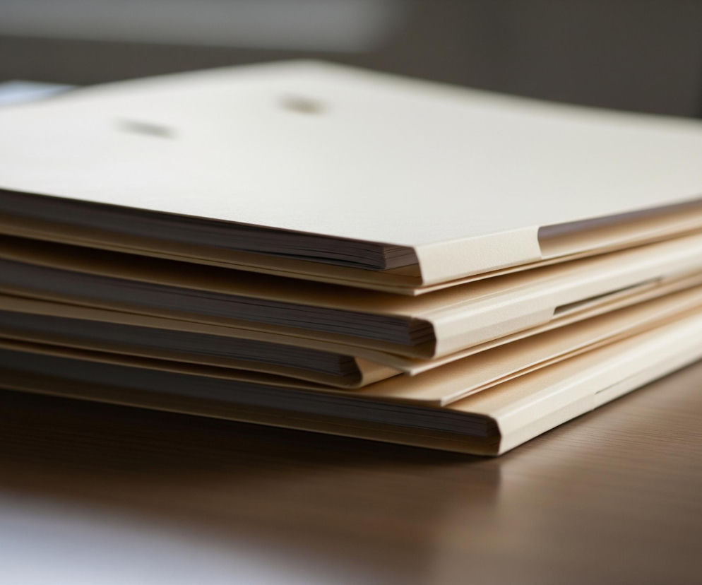 Na drewnianym, ciemnobrązowym blacie stołu leży stos beżowych teczek. Najwyższa teczka jest lekko otwarta, ukazując białe kartki papieru wewnątrz. Te teczki, w liczbie czterech lub pięciu, tworzą stos, z każdej wystającej niewielkiej, prostokątnej zakładki na prawym boku. Prawa strona teczek jest rozmyta, a lewa ostra, szczególnie widoczna w zaokrąglonych grzbietach teczek. Tło jest ciemne i niewyraźne, z jaśniejszym obszarem w lewym górnym rogu.