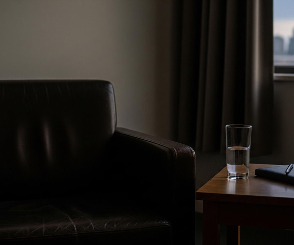 Ciemnobrązowy skórzany fotel o zaokrąglonych podłokietnikach zajmuje lewą część kadru, częściowo oświetlony od góry i z prawej strony, co uwydatnia jego fakturę i przetarcia na siedzisku. Obok fotela stoi drewniany stolik kawowy, na którym znajduje się wysoka szklanka wody, wypełniona mniej więcej do połowy, oraz ciemny notes leżący płasko, z długopisem spoczywającym na jego wierzchu. W tle, za stolikiem, widać ciemną zasłonę, a za nią okno ukazujące niewyraźny widok miejskiego krajobrazu z budynkami o prostokątnych kształtach na tle jasnego, zachmurzonego nieba.