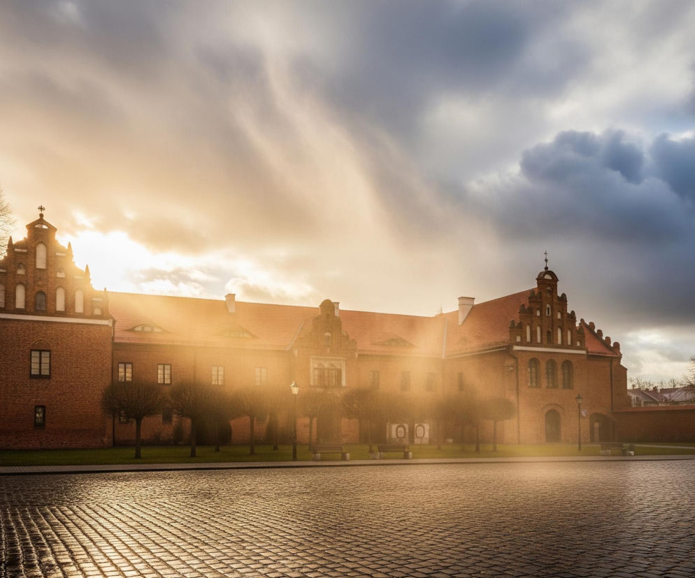 Słońce przebija się przez chmury, oświetlając ceglany budynek z czerwonym dachem i bruk przed nim. Budynek posiada liczne okna o ciemnych ramach, a jego fasada jest ozdobiona wieżyczkami i łukami. Przed budynkiem rosną małe, bezlistne drzewa, a po lewej stronie kadru widoczna jest duża, rozłożysta, pozbawiona liści gałęziasta korona drzewa. Brukowany plac odbija światło, tworząc refleksy na mokrej powierzchni, a w tle widać ciemne chmury przemieszczające się po niebie.