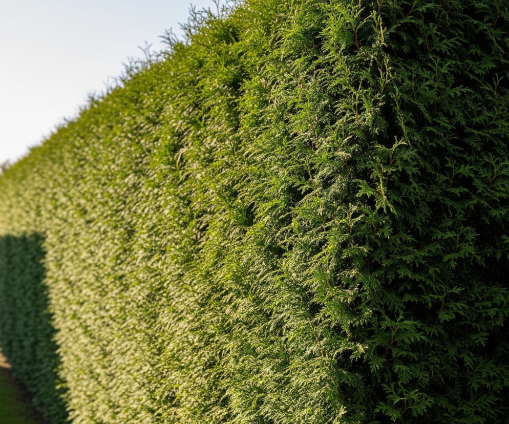 Długi, gęsty żywopłot z tui w odcieniach zieleni, dominujący w centrum kadru i rozciągający się od lewej do prawej strony. Po prawej stronie żywopłot przylega do ciemnobrązowego, pionowo profilowanego ogrodzenia, którego fragment jest ostry. Tuje w bliższej części są wyraźne i intensywnie zielone, natomiast w miarę oddalania się w lewo, stają się jaśniejsze i mniej ostre, tworząc jednolitą, zieloną ścianę. Po lewej stronie żywopłotu, w tle, widoczny jest trawnik z kilkoma małymi, kulistymi krzewami oraz fragment domu z ciemnoszarym dachem i kominem, wszystko to pod jasnym, bezchmurnym niebem.