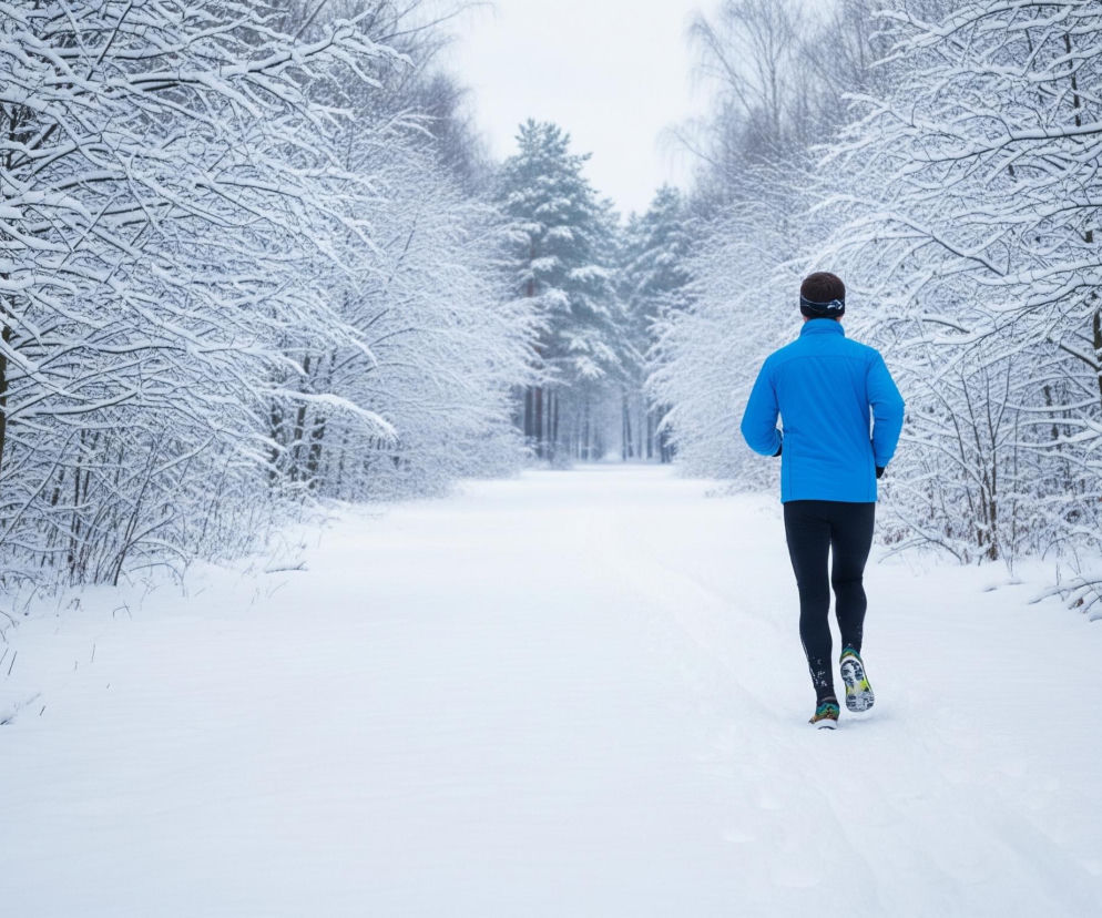 Mężczyzna w niebieskiej kurtce i czarnych legginsach biegnie po zaśnieżonej leśnej drodze. Śnieg pokrywa gałęzie drzew, tworząc białe łuki po obu stronach ścieżki. Droga jest szeroka, pokryta świeżym śniegiem z widocznymi śladami stóp biegacza, biegnie w głąb lasu, gdzie widoczne są również drzewa iglaste, a krajobraz jest jednolity w zimowych odcieniach bieli i szarości.