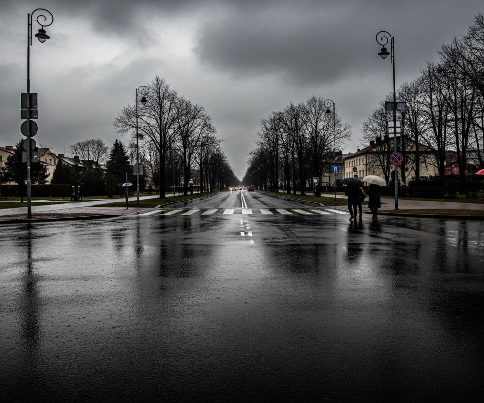 Szeroką, mokrą ulicę o ciemnym, odblaskowym asfalcie, z białymi pasami przejścia dla pieszych, rozciągającą się w głąb kadru. Po obu stronach ulicy rosną wysokie, bezlistne drzewa, tworzące szpaler i nadające scenerii ponury nastrój. Na prawym chodniku, bliżej centrum, znajdują się dwie osoby z parasolami: jedna trzyma ciemny parasol, druga jasny, a nieco dalej w prawo widoczna jest jeszcze jedna postać z jaskrawoczerwonym parasolem, wyróżniającym się na tle szarości. Niebo jest zachmurzone, dominują ciemne, ciężkie chmury, a światło ulicznych latarni, stojących po obu stronach drogi, wydaje się rozmyte i słabe.