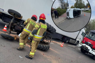 Groźne zderzenie trzech pojazdów. Ciągnik i auto na boku