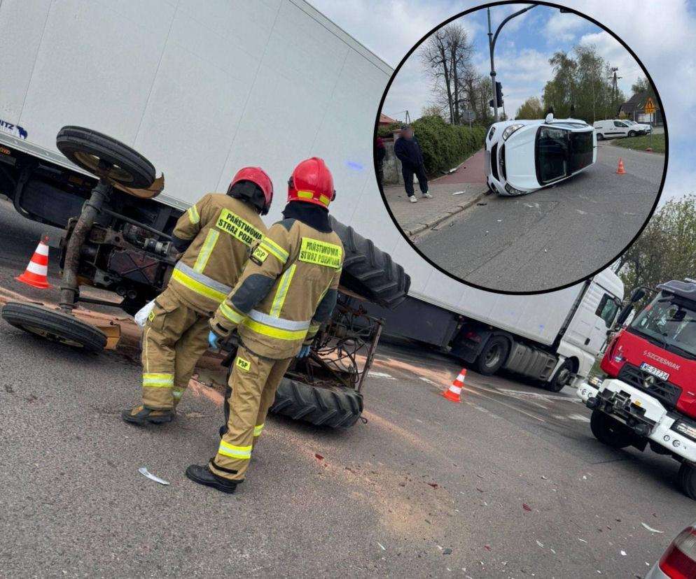 Groźny wypadek na skrzyżowaniu. Ciągnik i osobówka na boku, trwają prace służb