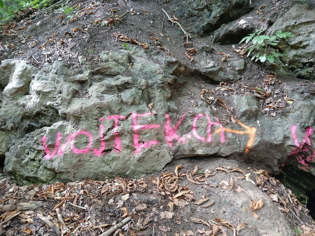 Wandale zniszczyli przyrodniczy skarb pod Bydgoszczą. Jaskinia „Bajka” oszpecona farbą