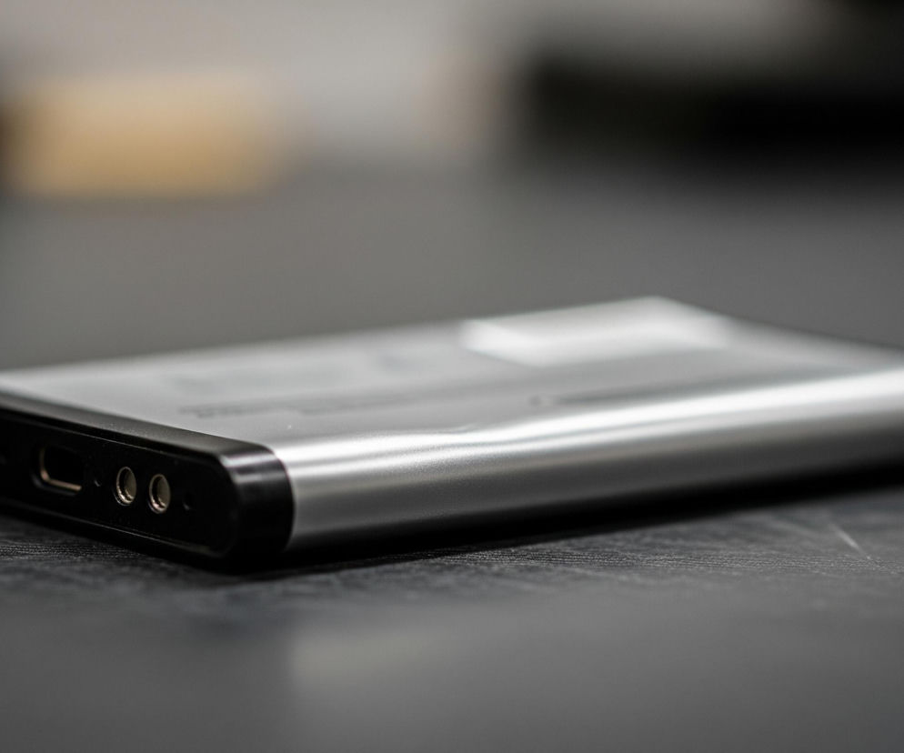 Srebrne, podłużne urządzenie z zaokrąglonymi rogami leży na ciemnej, chropowatej powierzchni. Jego lewy, krótszy bok jest czarny i zawiera trzy otwory: jeden prostokątny, prawdopodobnie port USB, oraz dwa mniejsze, okrągłe otwory po jego prawej stronie. Otoczenie jest rozmyte, z jasnobrązowymi i ciemnymi plamami w tle.