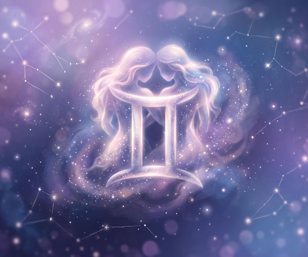 Symbol zodiaku Bliźniąt na tle gwieździstego kosmosu z sylwetkami kobiet. Horoskop dzienny sprawdzisz na Eska.