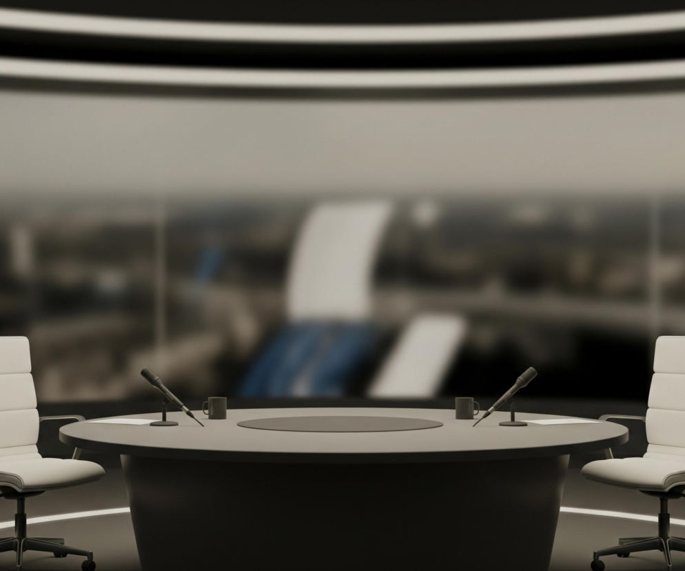 Centralnie usytuowany jest okrągły, ciemnoszary stół konferencyjny. Po obu jego stronach stoją kremowe, obrotowe krzesła biurowe z ciemnoszarymi podłokietnikami i podstawami. Na stole, przed każdym krzesłem, znajduje się mikrofon na stojaku oraz ciemnoszary kubek. Za stołem widoczna jest zakrzywiona ściana z rozmyty, szarym i biało-niebieskim tłem, sprawiającym wrażenie panoramy miasta lub abstrakcyjnego wzoru. Górna część obrazu prezentuje ciemne tło z dwoma poziomymi, jasnoszarymi liniami, a podłoga jest ciemnoszara z białymi, zakrzywionymi liniami wyznaczającymi przestrzeń.