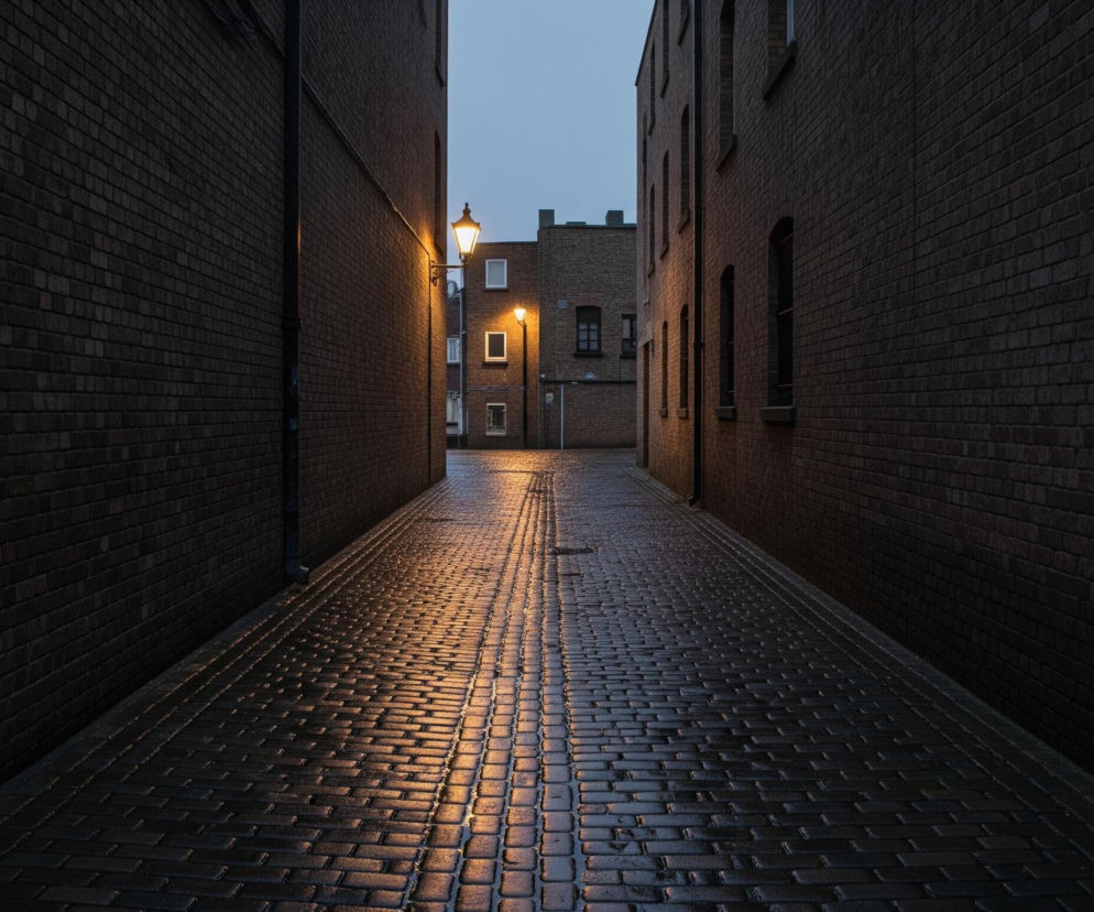 Wąska, ciemna uliczka, wybrukowana prostokątną kostką, rozciąga się w głąb obrazu. Po obu stronach wznoszą się wysokie, ceglane ściany budynków, z których prawa ma czarne rynny. Centralnie w tle widoczny jest kolejny budynek z oknami, niektóre z nich są oświetlone ciepłym, żółtym światłem. Jedna latarnia ścienna, umieszczona na lewej ścianie, emituje intensywne, żółte światło, którego blask odbija się na mokrym bruku, tworząc podłużną, świetlistą smugę. Całość pogrążona jest w mroku zmierzchu lub świtu, z jasnoniebieskim, bezchmurnym niebem widocznym w górnej części kadru.