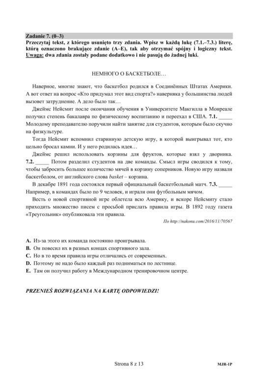 ARKUSZE CKE - Matura j. rosyjski - poziom podstawowy 2019