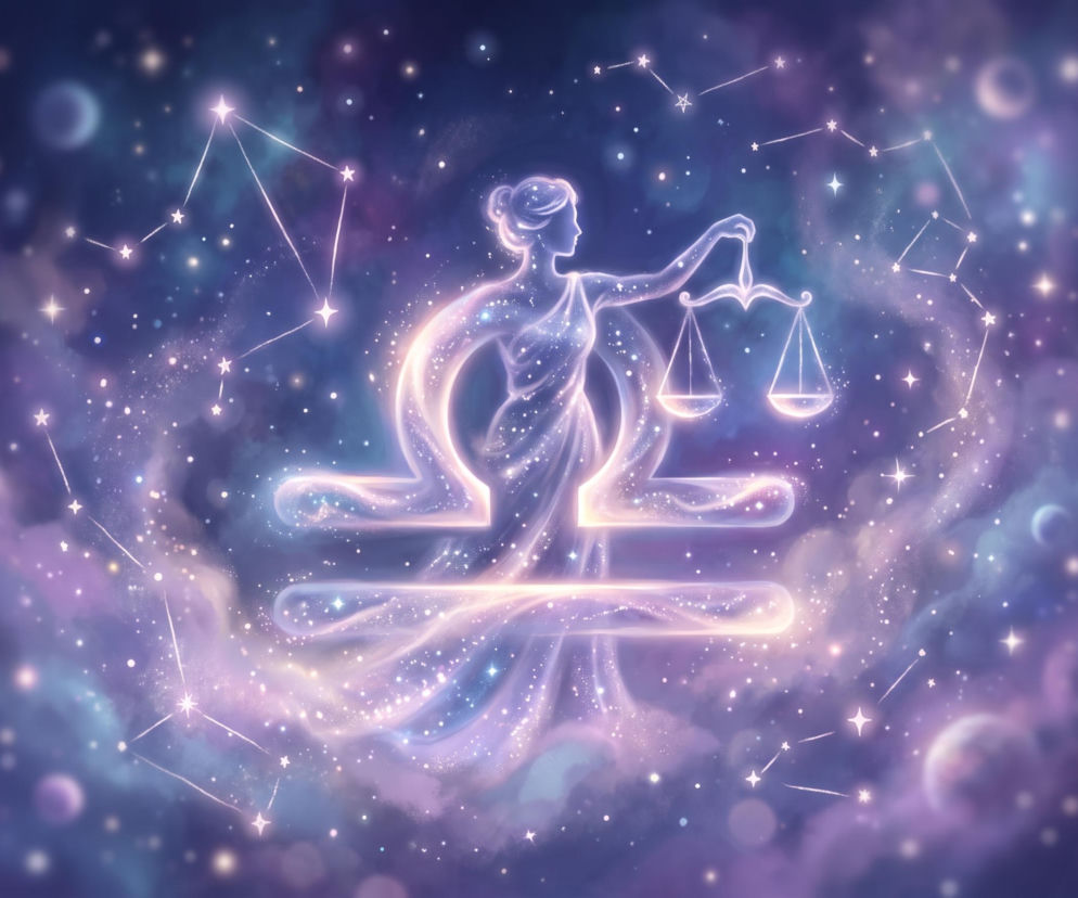 Ilustracja znaku zodiaku Wagi na tle gwieździstego nieba. O horoskopie dziennym dla Wagi przeczytasz w Eska.