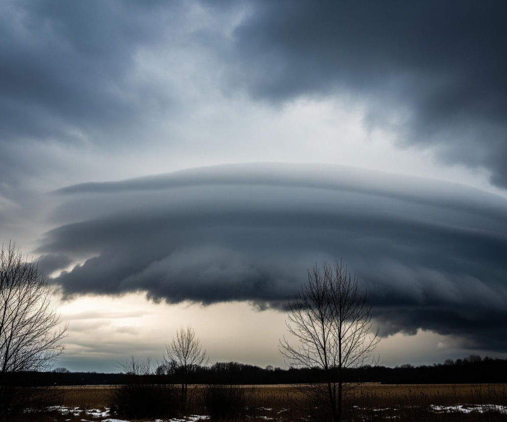 Niebo zdominowane jest przez ciemne, burzowe chmury, które tworzą masywną, soczewkowatą strukturę, przypominającą gigantyczny, warstwowy obłok. Poniżej, na horyzoncie, rozciąga się ciemna linia drzew bez liści, kontrastująca z jaśniejszym, lecz nadal zachmurzonym niebem tuż nad nimi. Na pierwszym planie widoczne są pojedyncze, nagie drzewa i krzewy, których ciemne sylwetki wyraźnie odcinają się od tła, a ziemia w dolnej części obrazu pokryta jest gdzieniegdzie resztkami śniegu i suchą trawą.
