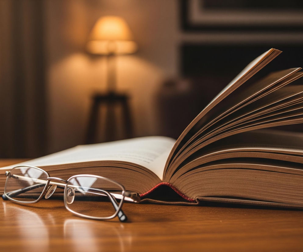 Otwarta książka z brązową okładką leży na błyszczącym, drewnianym stole. Jej strony są rozłożone, tworząc wachlarz, a oprawę zdobi czerwona wstążka pełniąca rolę zakładki. Na stole, po lewej stronie otwartej książki, leżą srebrne okulary w cienkich oprawkach. Tło jest rozmyte, z ciepłym, żółtym światłem lampy widocznej za książką, a także zarysami mebli i okna po lewej stronie.