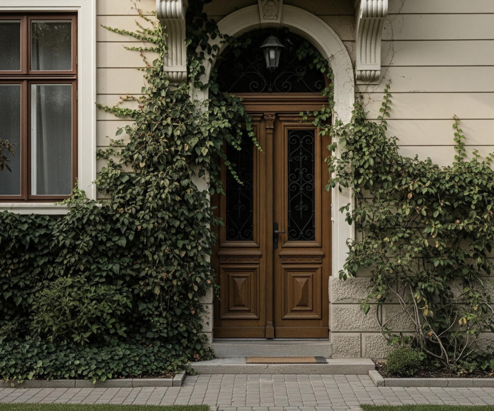 Centralnym punktem obrazu jest brązowe, podwójne, drewniane drzwi z ozdobnymi, czarnymi kratami w górnej części, osadzone w beżowej elewacji budynku. Drzwi otoczone są bogato pnącą się zieloną roślinnością, która pokrywa ściany po obu stronach wejścia i rozciąga się pod dwoma brązowymi oknami. Nad drzwiami widać łukowate zdobienie z latarnią zwisającą z sufitu, a pod stopniami wejściowymi znajduje się szara wycieraczka. Całość osadzona jest na chodniku wyłożonym szarą kostką brukową, obramowanym trawą.