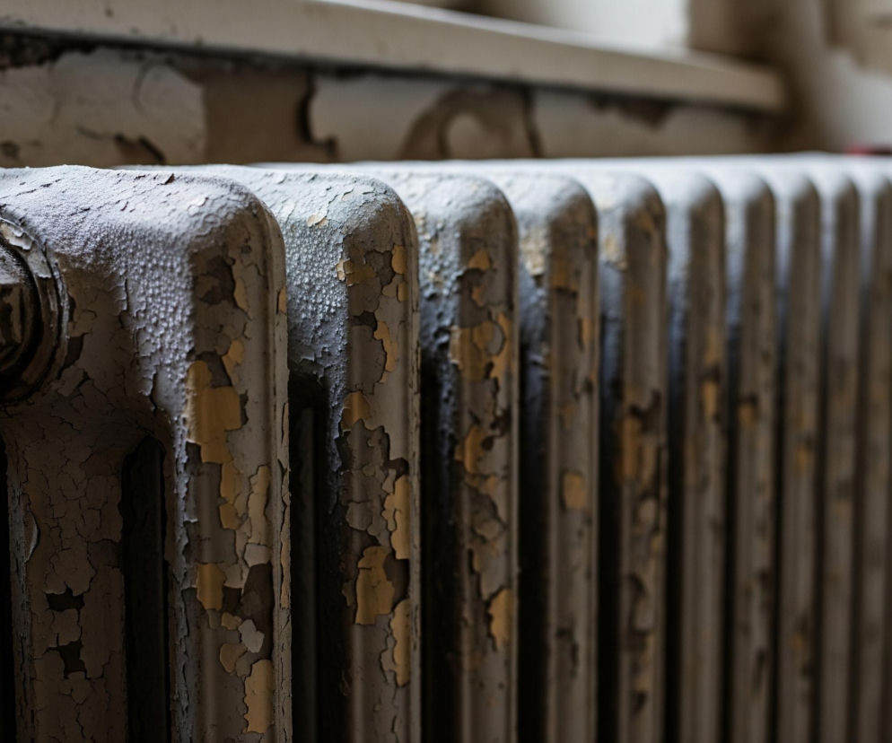 Stary, żeliwny grzejnik, pomalowany szarą farbą, jest głównym elementem zdjęcia, widocznym w bliskim planie. Farba z grzejnika łuszczy się płatami, ukazując spodnią warstwę w kolorze żółtawo-beżowym. Na tle grzejnika widać ścianę z pękającą farbą i pęknięciami, tworzącą nierówną teksturę w odcieniach szarości i beżu. Prawą część grzejnika rozmyto, a na jego lewej stronie znajduje się śruba z rowkiem, pokryta pękniętą farbą i kurzem.