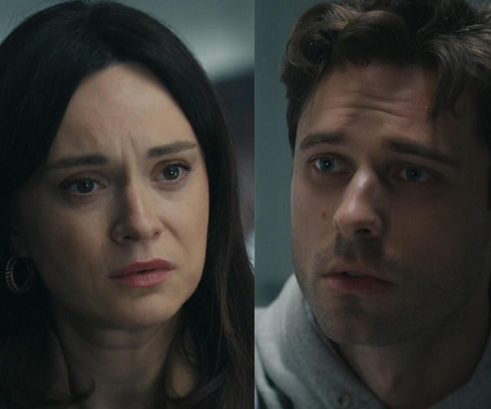 Zmartwiona Natalia (Maria Dejmek) i zatroskany Cezary (Marcel Opaliński) patrzą przed siebie na podzielonym zdjęciu. Natalia z ciemnymi włosami, w jasnej bluzce i kolczykach, Cezary w szarej bluzie z kapturem. Fotografia ilustruje trudną rozmowę małżonków w Barwach szczęścia. Więcej o serialu przeczytasz na Super Seriale.