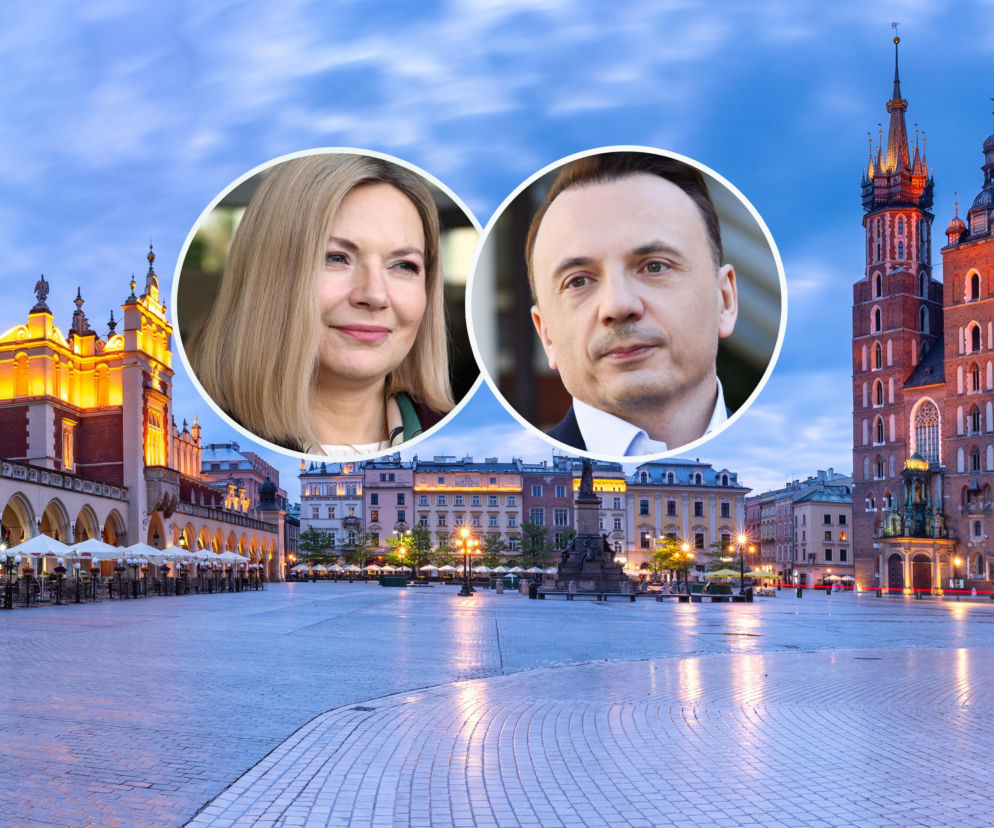 Widok na krakowski Rynek Główny z Sukiennicami. Na miniaturach Monika Piątkowska i Łukasz Gibała. Szczegóły na SE Polityka.