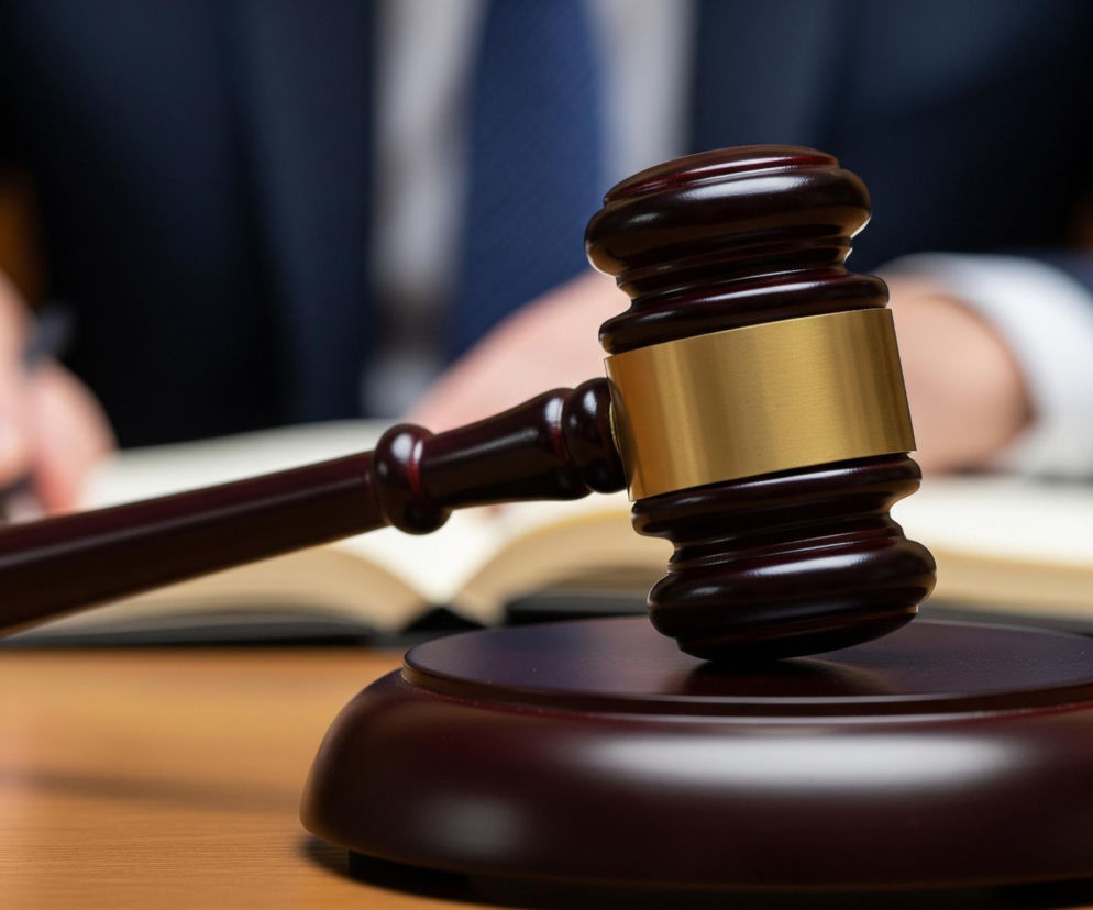 Centralnie umieszczona jest drewniana pałka sędziowska z młotkiem i okrągłą podstawką, w kolorze ciemnobrązowym z elementem złotego metalu na główce. Młotek leży na podstawce, zajmując większą część pierwszego planu. W tle, częściowo rozmazany, widoczny jest mężczyzna w granatowym garniturze z krawatem, siedzący przy brązowym stole, na którym leży otwarta księga z białymi kartkami.